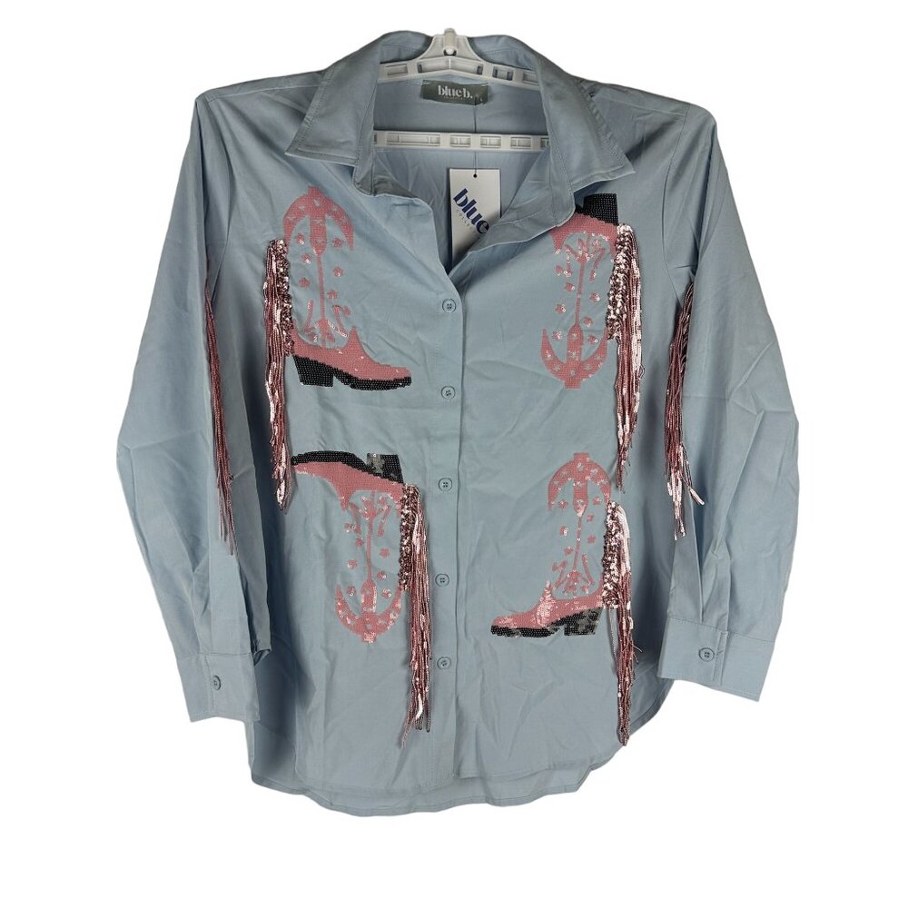 Blue B. Collection Blue Western Shirt With Pink Sequin Cowboy Boot Fringe Size L
